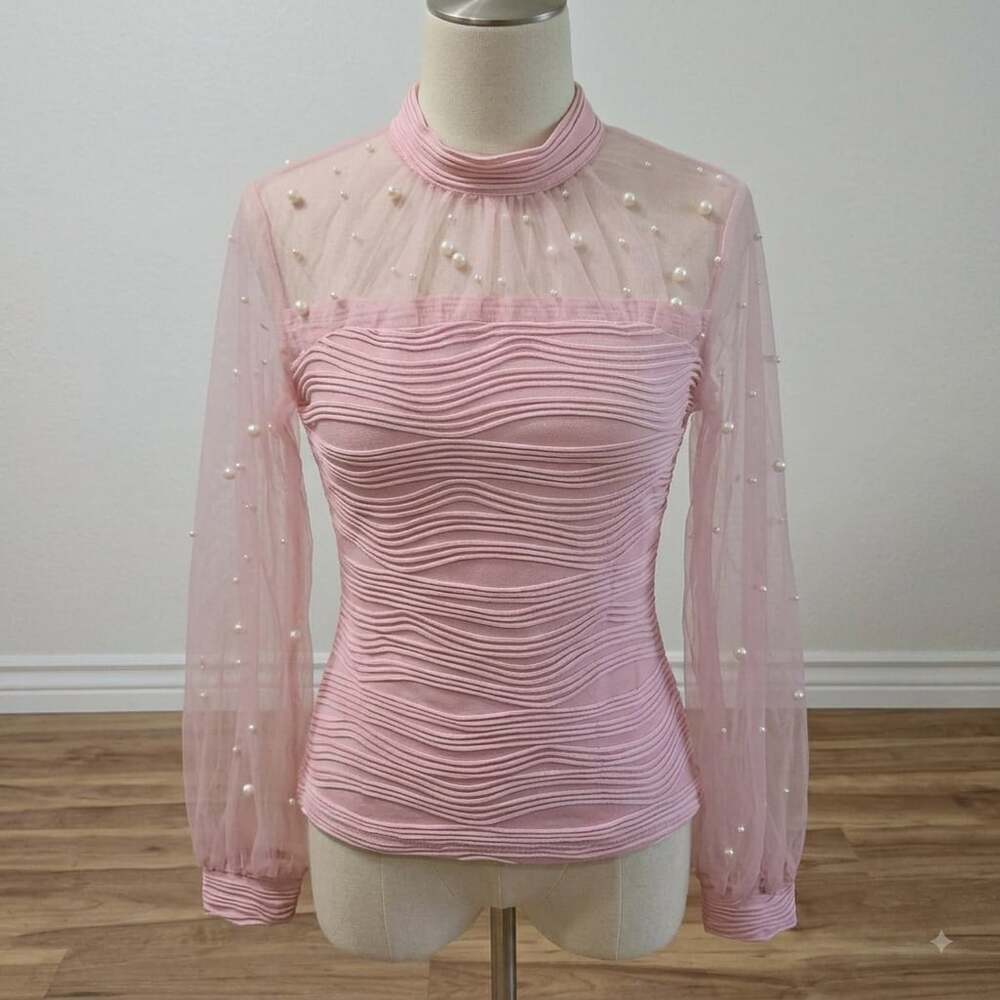 CBR Pink Sheer Mesh Long Sleeve Top with Pearl Details and Mock Neck